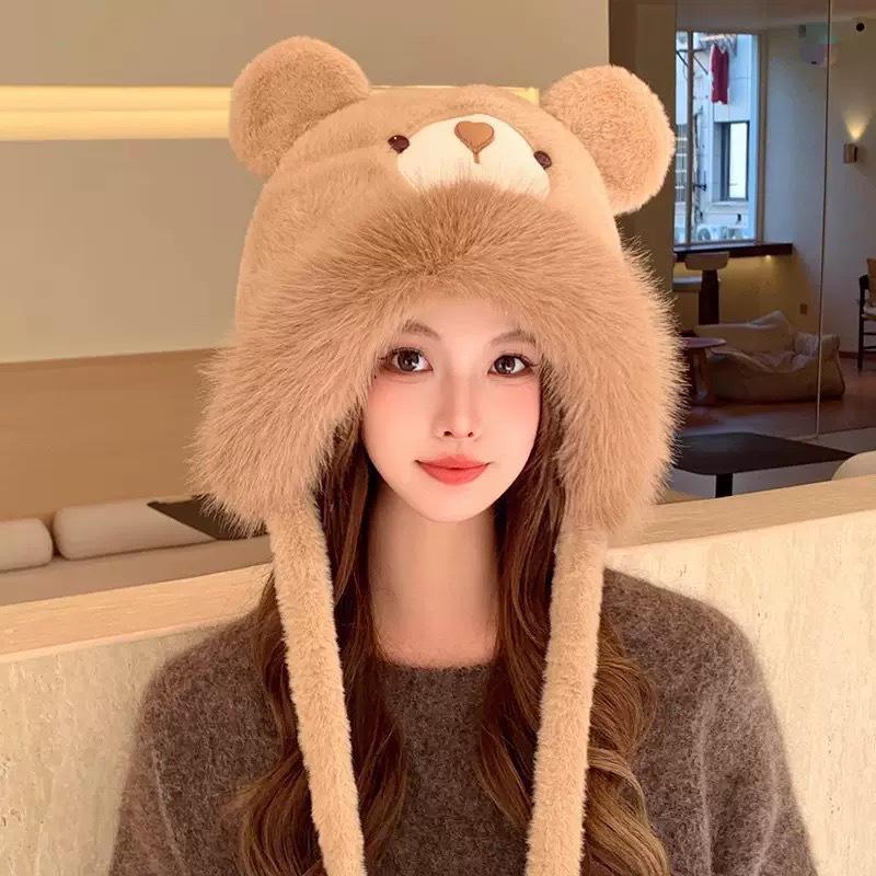 "2024 Bear Plush Hat & Scarf Set – Cute Winter Cycling Warmth"