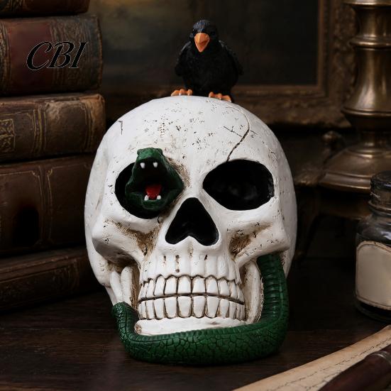 Decorative Skeleton with Crow Gothic Raven Skull Statue Halloween Decoration, Resin Perching On Sculpture for Window Display Figurine Macabre