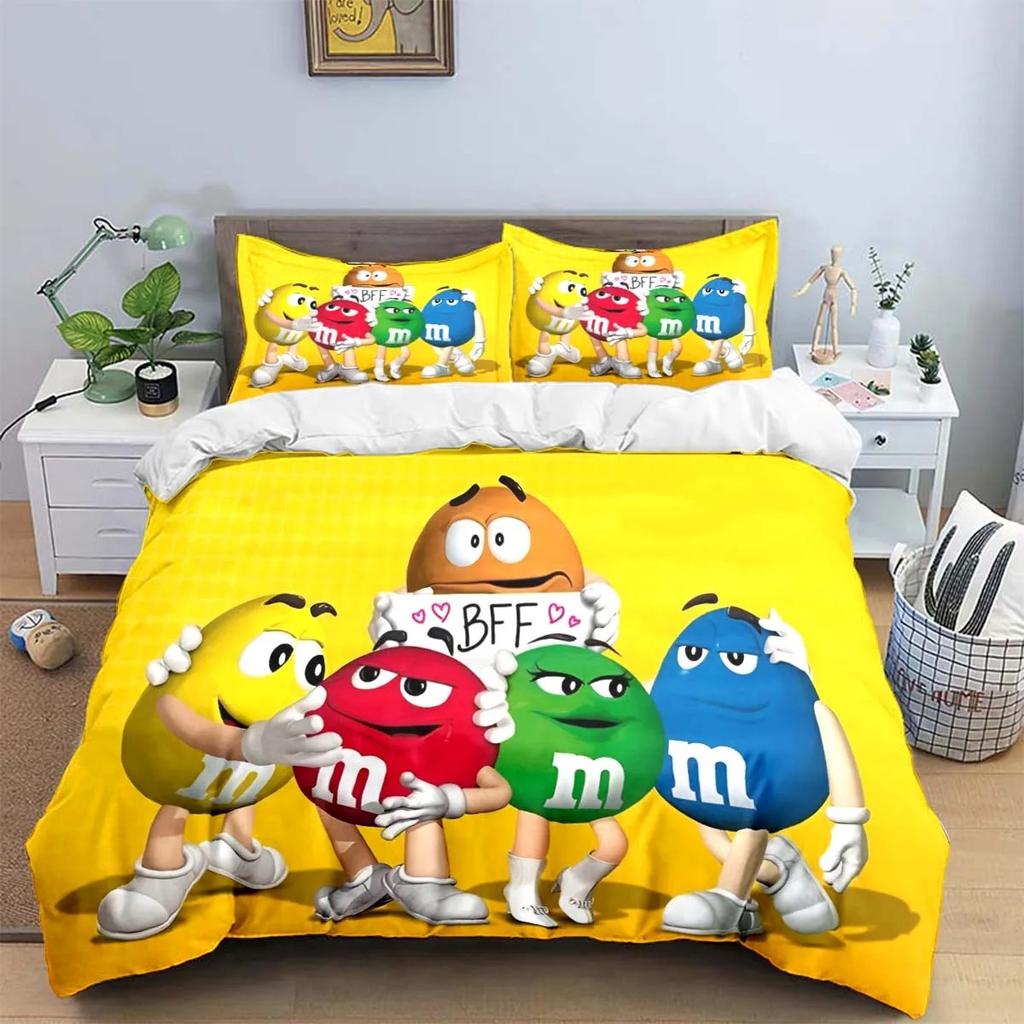 Модные комплекты постельного белья с принтом логотипа шоколада M&M. Изысканный комплект постельного белья: пододеяльник, одеяло, комплект постельного белья для детей. Подарок.