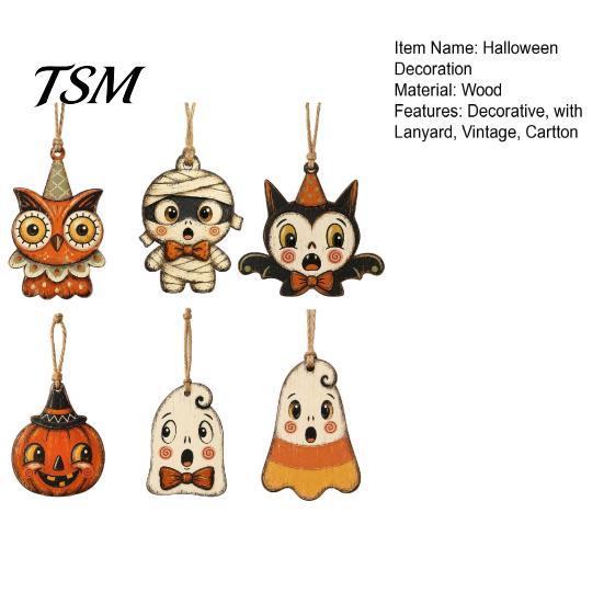 Candy Mummy Owl Wooden Mini Hangings 6Pcs Vintage Halloween Ornaments for Tree Decorations, Black Cat Pumpkin Wood Cutout Jute String Cutouts Hanging