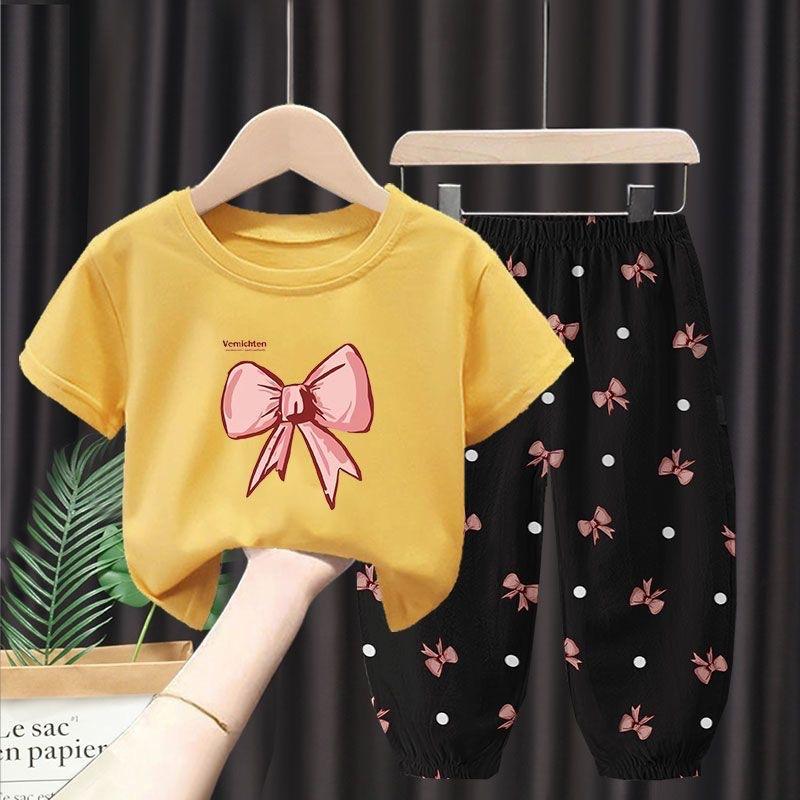 Летний комплект из 2 предметов для девочек: футболка с коротким рукавом и брюки с принтом бантика, детский костюм для одежды, детская одежда