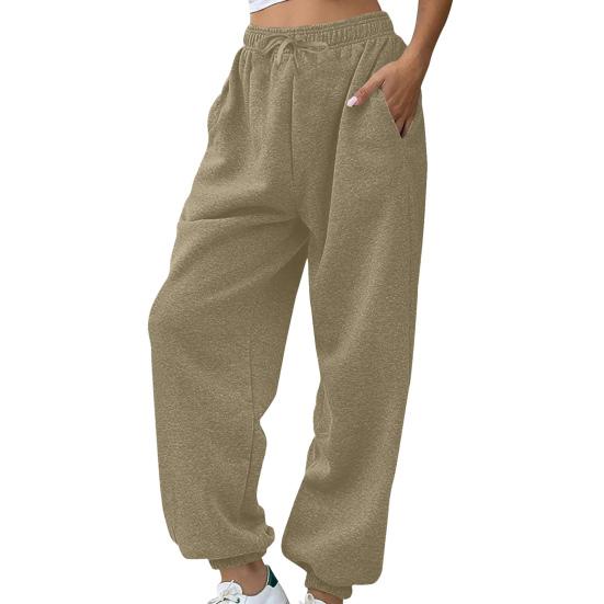 Women Sweatpants Elastic High Waist Adjustable Drawstring Harem Pants with Pockets Solid Color Loose Lounge