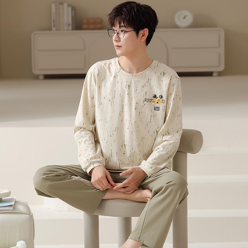Тип Пижамный костюм из чистого хлопка на осень-зиму для мужчин с длинными рукавами из хлопка, комплект домашней одежды для мужчин, мягкая домашняя одежда для мужчин