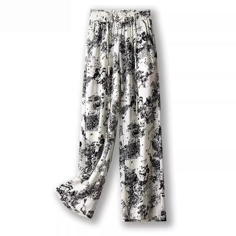 Женские летние брюки из ледяного шелка в клетку с широкими штанинами - Черно-белые с прямыми штанинами