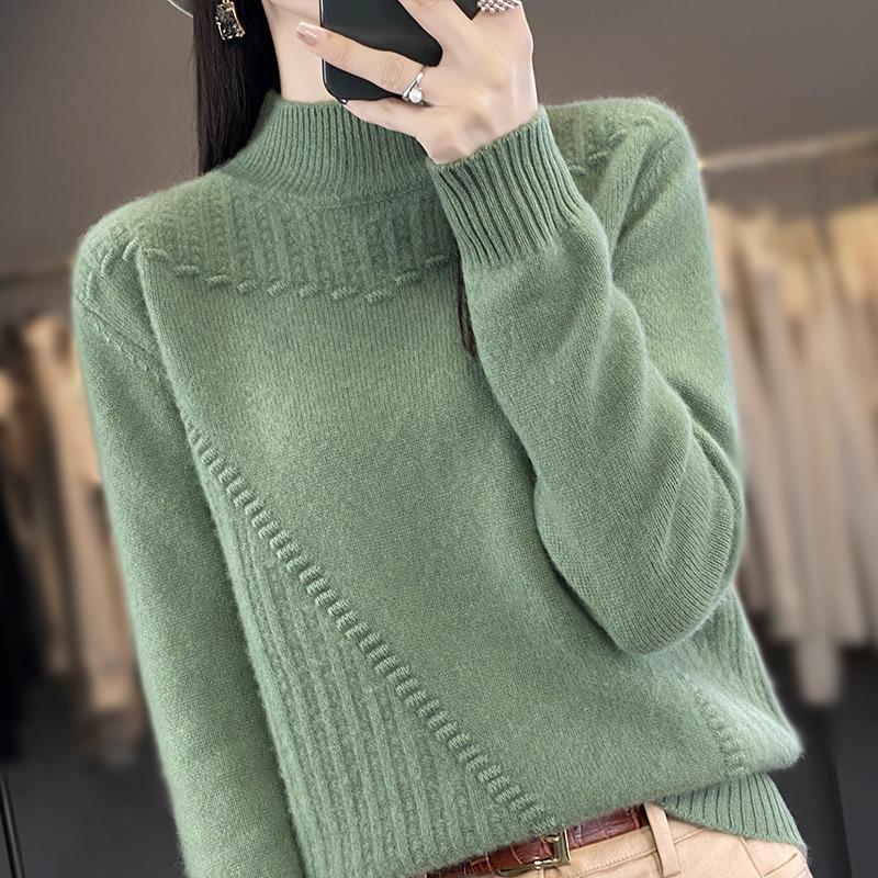 IHUASU Half High Neck Thickened Jumper Women's Fashion Versatile Loose Knitted Bottoming Shirt Autumn and Winter Tops
