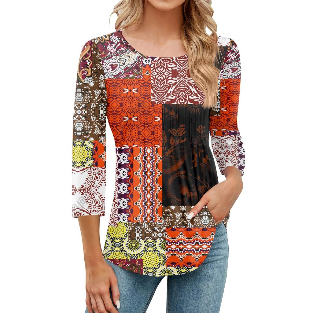 Женская модная повседневная плиссированная футболка с круглым вырезом и принтом для отдыха с рукавом семь четвертей