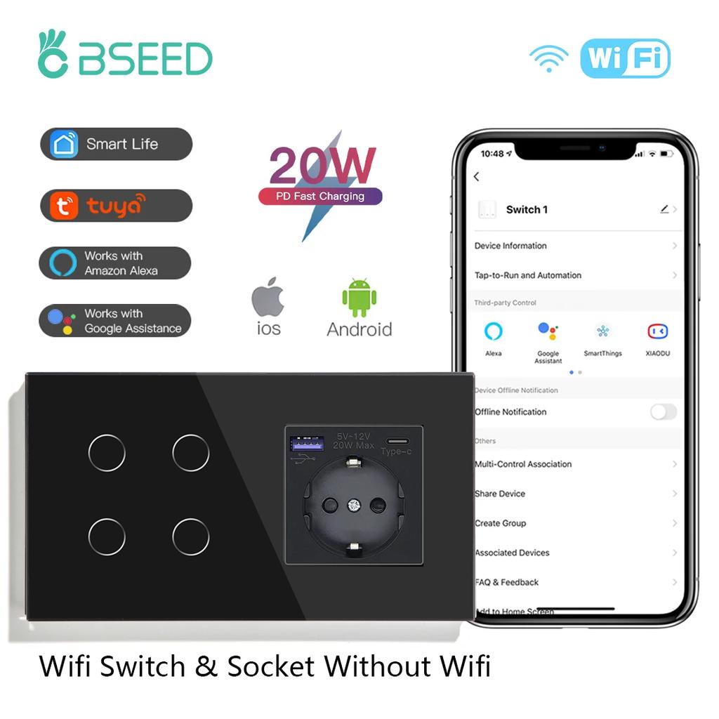 BSEED Wifi 1/2/3-клавишные настенные выключатели, сенсорные панели, управление через приложение Tuya Smart Life, с розетками питания EU, портами USB-C для зарядки 20 Вт