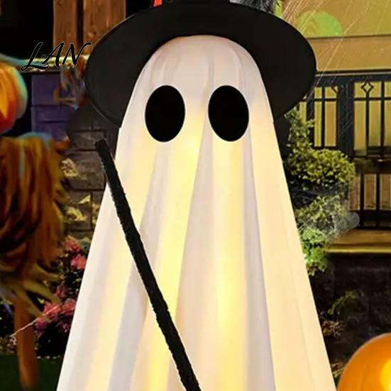 Yard Ghost Ornament Halloween Light-Up Decoration, Spooky Witch Hat with LED Decorative Wizard Light, Broom Decor for Outdoor Lawn Porch Holiday Party