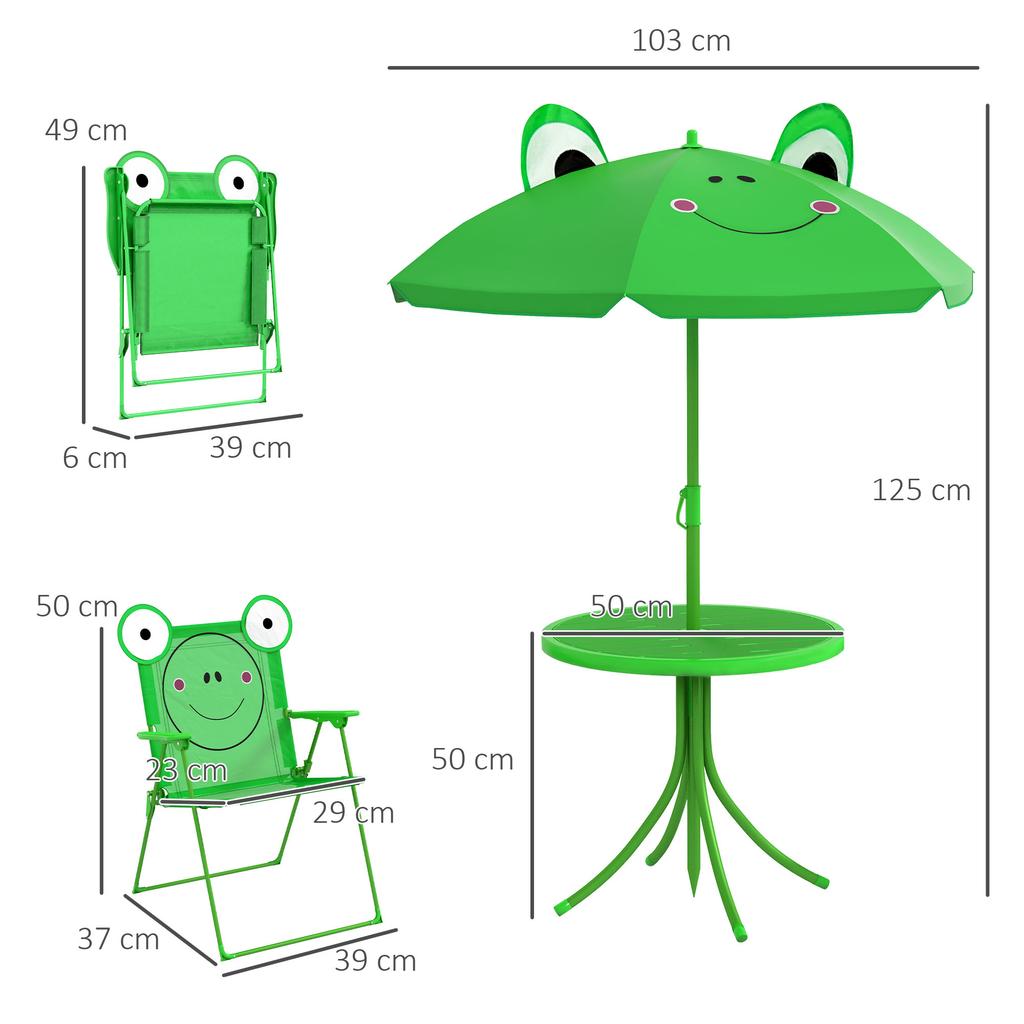 Children's 4-Piece Garden Furniture Set with Frog Design - Round Table + 2 Folding Chairs + Parasol - Green Oxford Epoxy-Coated Metal