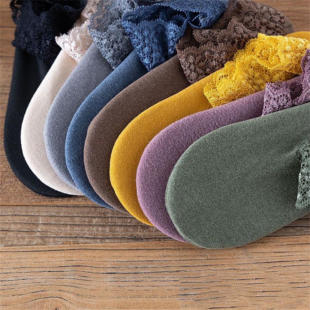 Autumn Winter Hollow Lace Short Floor Socks Silicone Anti Slip Warm Velvet Loose Mouth Socks Low Tube Thicken Meia