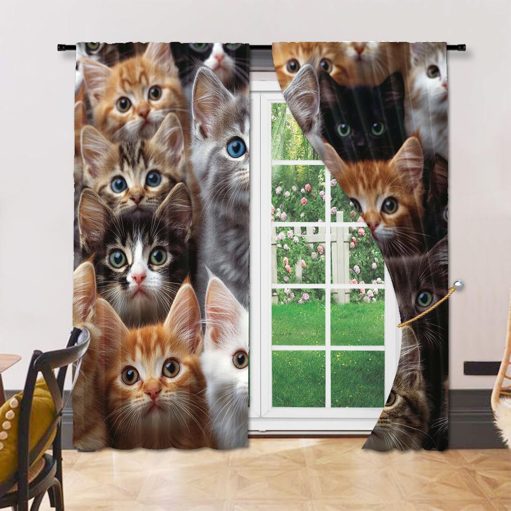 2 pcs, versatile polyester transparent curtains for home decoration Cute Cats for use in bedrooms and living rooms
