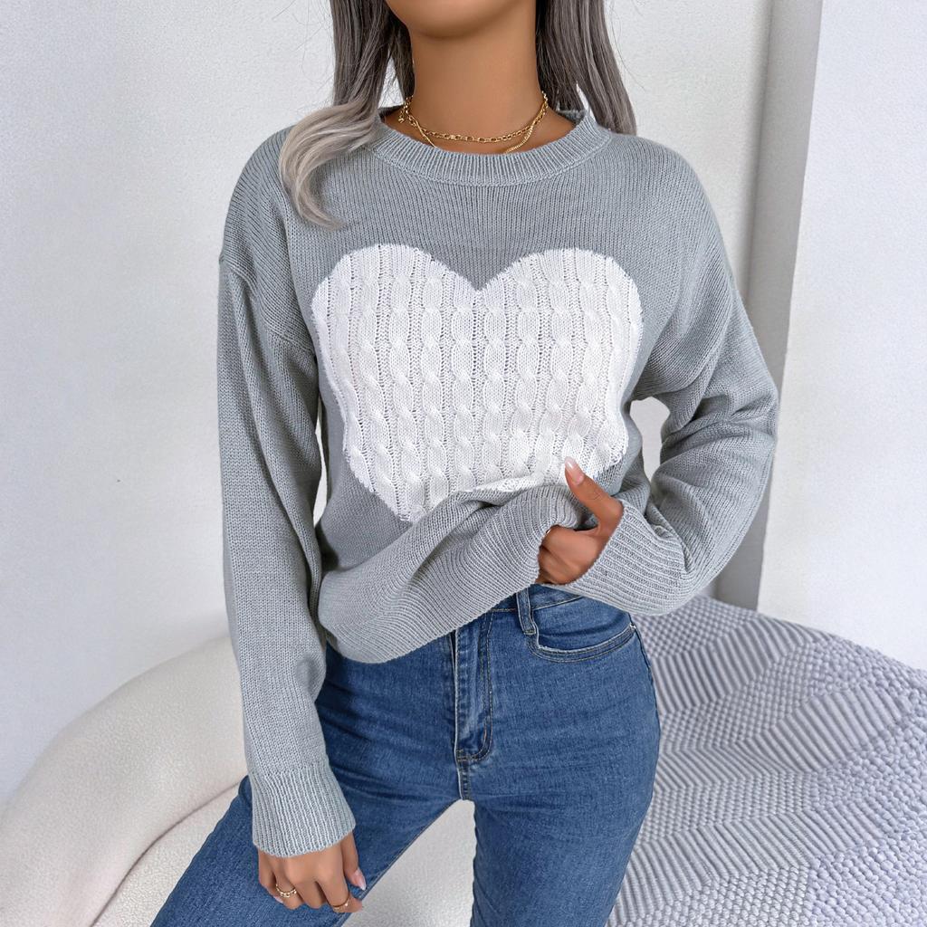 Women's Fashionable Round Neck Long Sleeved Heart-shaped Color Blocked Pullover Sweater Casual Top