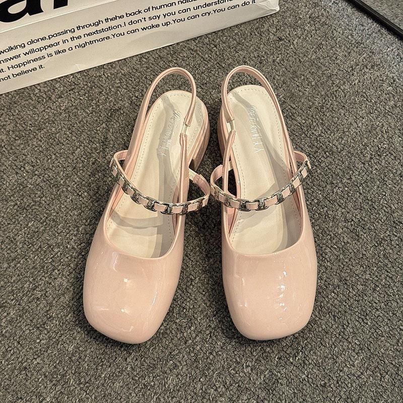 Mary Jane Baotou Sandals Women's 2025 Spring and Summer New Square Head Coarse Heel Middle Heel Versatile Rear Empty Diamond with Cool Slippers Women