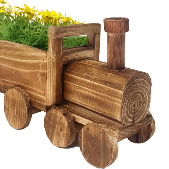 Train Flower Pot Wooden Vintage Bonsai Planter Home Garden Decor Rustic Plant Pot with Drainage Hole for Patio Balcony