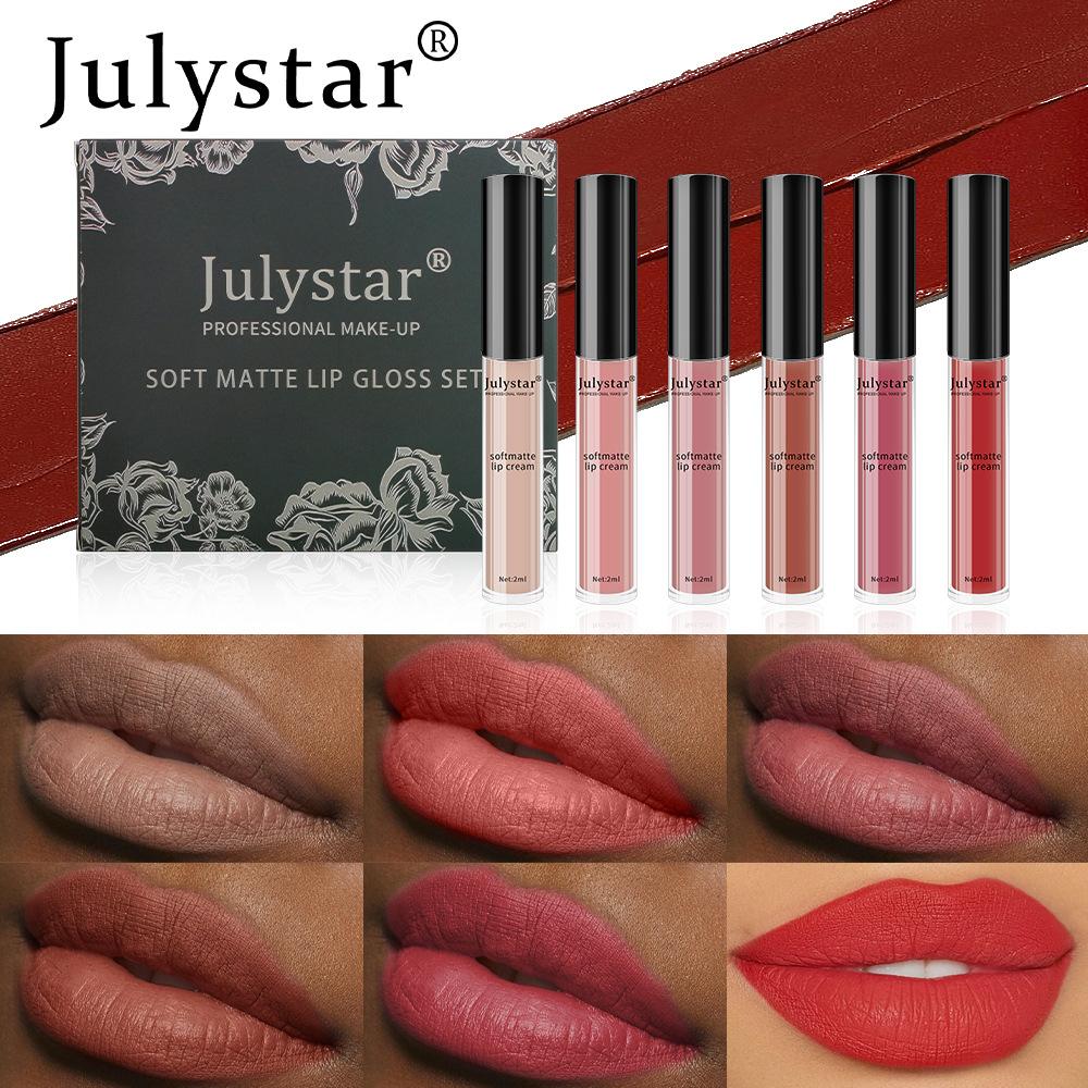 JULYSTAR Профессиональный набор кремовых помад для губ Soft Matte, 6 шт. Стойкая водостойкая бархатистая жидкая помада, нюдовые и красные оттенки. Подарочная коробка для макияжа губ для женщин