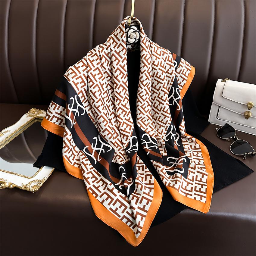 New Fashion Versatile Letter E Silk Scarf 91cm Twill Scarf Premium Printed Large Square Scarf Sunscreen Shawl Headscarf