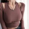 WTEMPO Женские вязаные укороченные топы из двух предметов с лямкой на шее, женские повседневные однотонные тонкие рубашки с длинными рукавами, Клубная одежда, уличная одежда