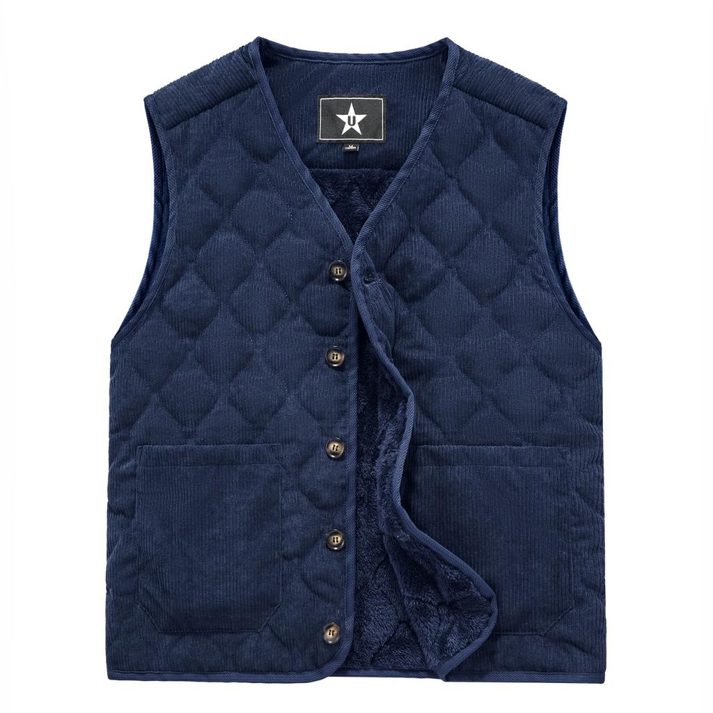 Autumn Winter Padded Warm Vest Men's Diamond Check Shoulder Undershirt Workwear Corduroy V Neck Jackets Men Clothing Large Size