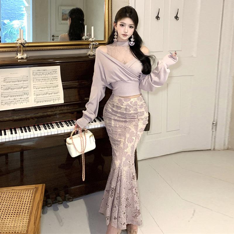 Women's Sexy Lace Fake Two-piece Top Fishtail Skirt