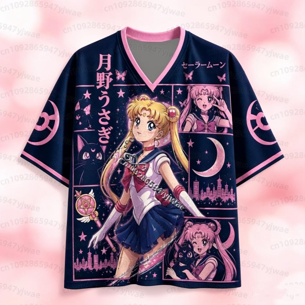 26 Sailor Moon Anime Mesh Jersey T-Shirt Tsukino Usagi Print V Neck Short Sleeve Tee Women Men Harajuku Streetwear Men T-Shirt