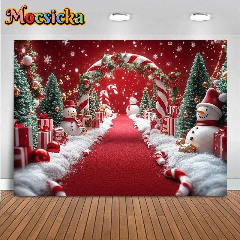 Mocsicka Рождественский Фон для Фотосъемки Новый Год Конфеты Дверь Елка Красная Дорожка Декор Зима Снеговик Фото Фон Обои