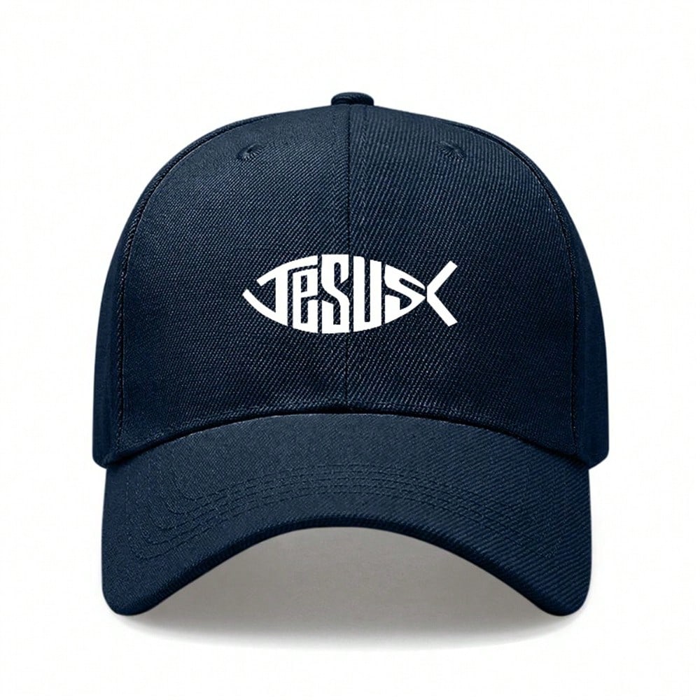 [Religious Baseball Cap] Jesus Fish Print Black Unisex Adjustable Lightweight Curved Brim Casual Daily Wear Polyester - Dad Hat