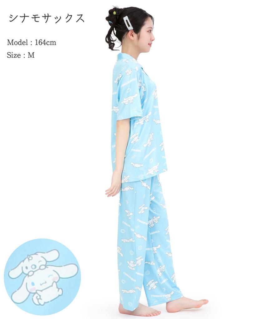 SAZAC Cinnamoroll and Milk Shirt Powder Stretch Short Sleeve and Long Pants Loungewear Pajamas, Fabric, Women's Set, (Sax/L/SAN1951)
