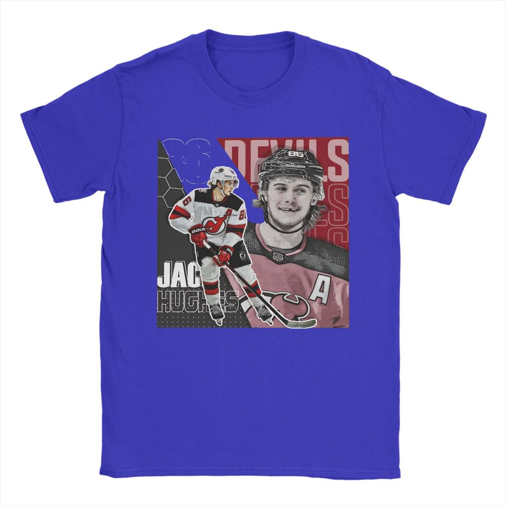 Плакат с дизайном Jack Hughes Hockey Мужские футболки Devils для отдыха 100% хлопок Футболки с коротким рукавом и круглым вырезом Одежда больших размеров