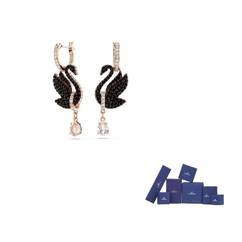 Swarovski Swan Drop Earrings Swan/Black/Rose Gold-tone Plated