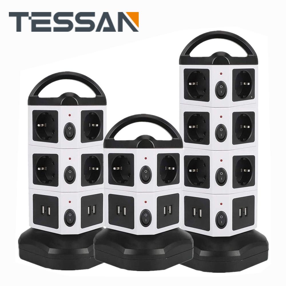 Tessan Удлинитель Tower, вертикальная защита от перенапряжений, 6/10/14 розеток европейского стандарта с защитой от перегрузки USB, удлинитель 2 м