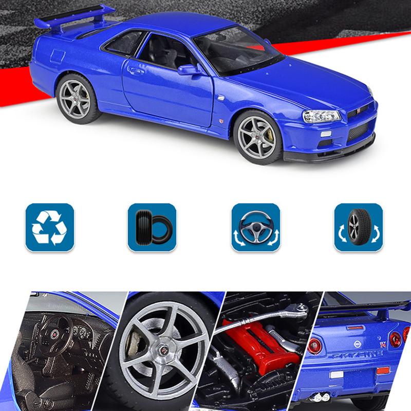 Масштаб 1/24 WELLY Nissan Skyline GT-R R34, модель автомобиля из сплава, литье под давлением, металлические игрушечные автомобили, модель автомобиля, коллекция высокой имитации, детские подарки