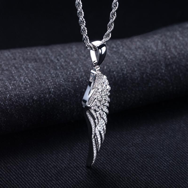 MossanRappr Sparkling Moissanite Iced Out Angel Wing Pendant Gold Plated Trendy Hip Hop Necklace Jewelry Gifts for Men Women