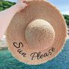 Hand Woven Raffia Straw Hat Leisure Travel Vacation Seaside Beach Sunshade Sunscreen Embroidered Word Sun Hat