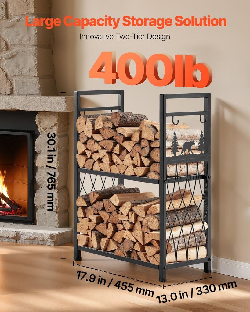 Indoor Firewood Rack, 45.5cm 2-Tier Firewood Holder with Fireplace Tools, Brush, Shovel, Poker, Tongs, Heavy Duty Log Wood Rack, 400 lbs Weight