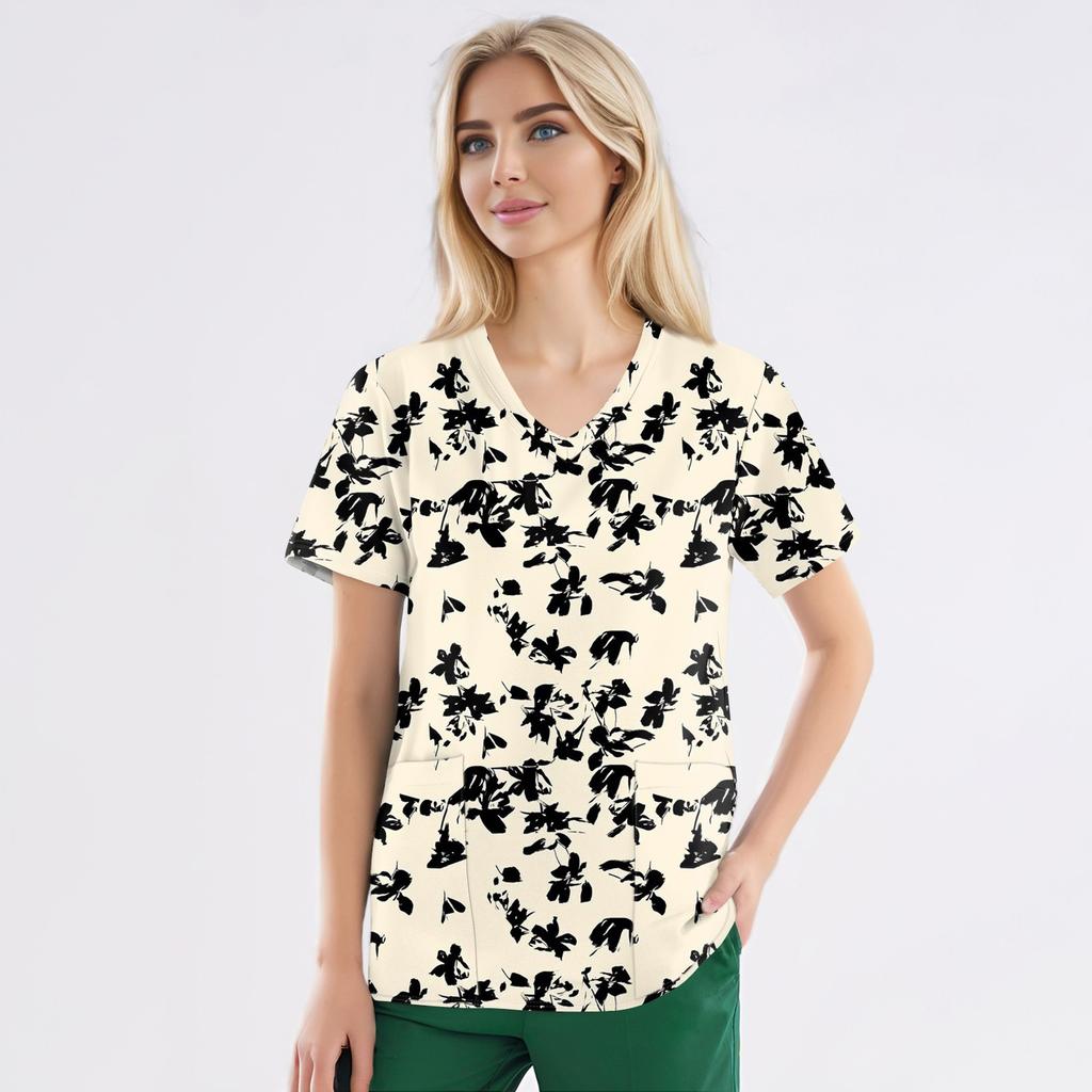 Рабочая форма больших размеров с принтом, топы для женщин, забавные футболки с v-образным вырезом и короткими рукавами, рабочая одежда, футболка с карманами