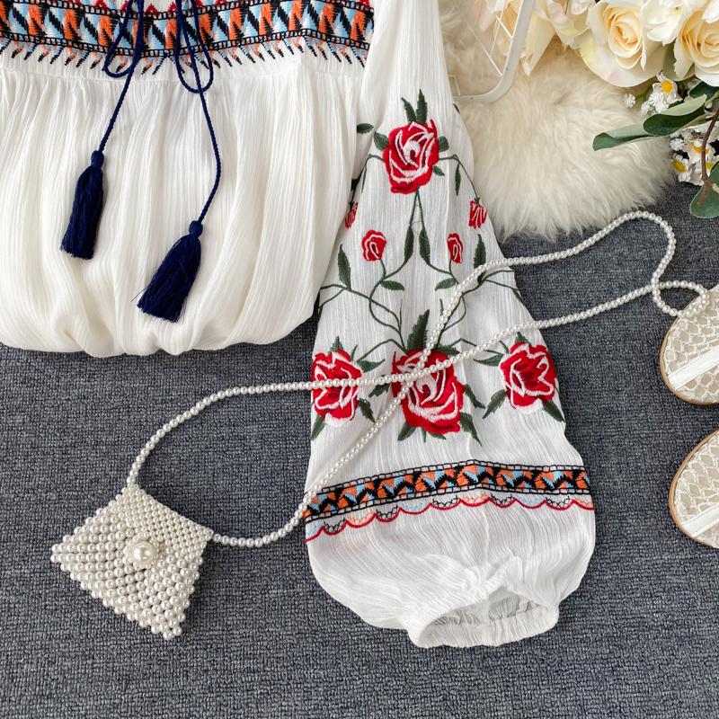 RUGOD Весенне-осенний праздник, этнический стиль, ретро, ​​тяжелая промышленность, вышивка, цветы, зарубежный стиль, рукава-фонарики, свободный универсальный топ