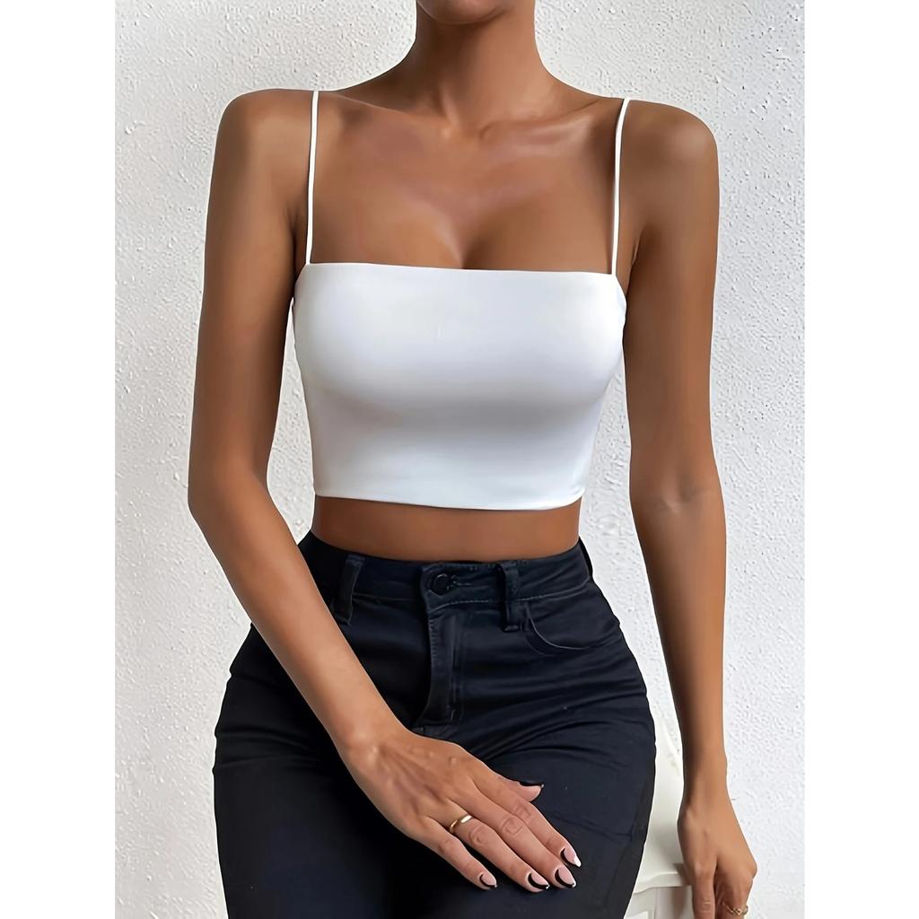 Chic Solid Spaghetti Strap Cami Crop Top - Flattering Sleeveless & Backless Design - Lightweight, Fashion-Forward Womens Clothin