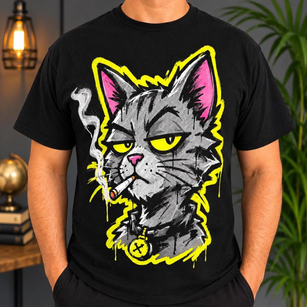 Grumpy Smoker Cat T-Shirt | Funny Streetwear Graphic Tee | DTF Printed Unisex Shirt | Edgy Cartoon Cat Gift | Urban Style Apparel