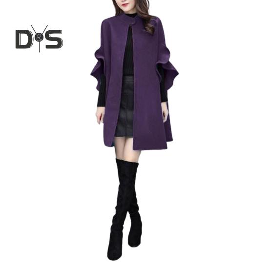 Женское зимнее пальто с рукавами-лепестками, воротником-стойкой, накидкой-трапецией, кардиганом средней длины с открытыми стежкам, шерстяным пальто для улицы, пончо