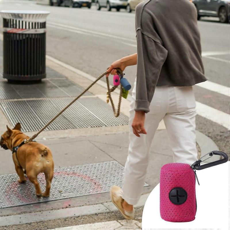 Dog Poop Bag Dispenser With Mesh Fabric Waste Holder, Zippered Leash Attachment, Outdoor Walking, Dog Park, Hot Pink