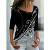 Plus Size 2024 Summer New Women's Printed Pattern T-Shirt Asymmetric Neck Long Sleeve Loose Top