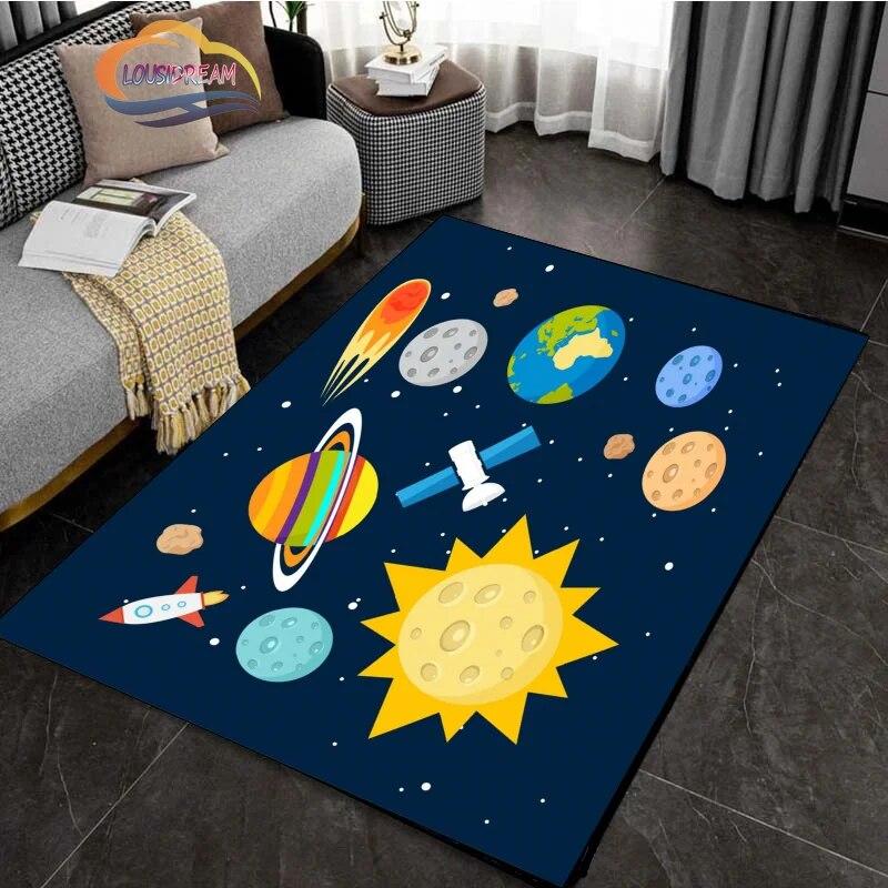 Cartoon Space Rug Universe Ufo and Many Planets In Galaxy Carpet Solar System Living Room Bedroom Fashion Decoration