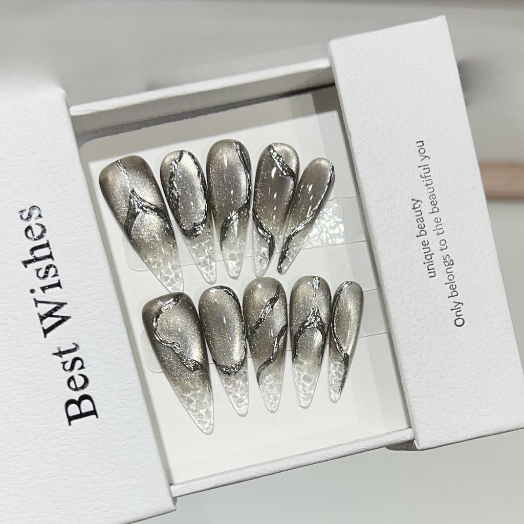 Advanced Atmosphere Hand-wearing Black Cracked Mirror Cat Eye Gradient French Water Ripples Detachable Fake Nails