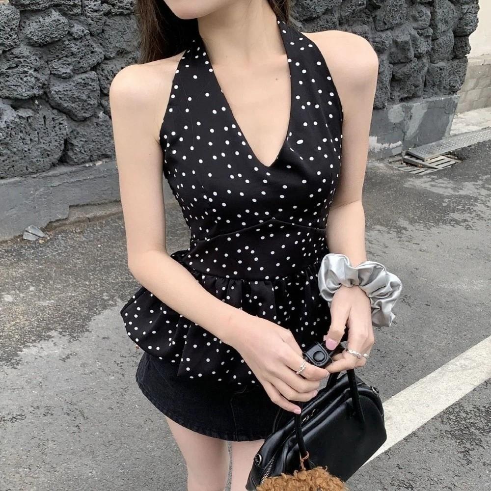 Y2k Halter Ruffle Vest Top Polka Dot Women Camisole Comfortable Sleeveless Crop Top  Female