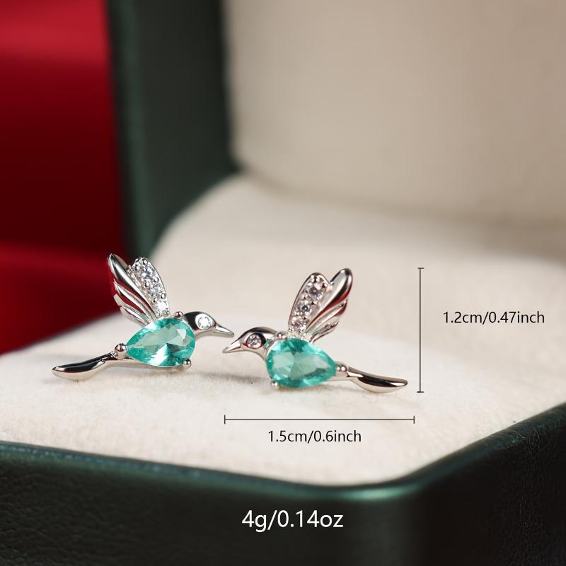 Delicate 925 Sterling Silver Mint Green Zircon Hummingbird Stud Earrings for Women Party Jewelry Gifts