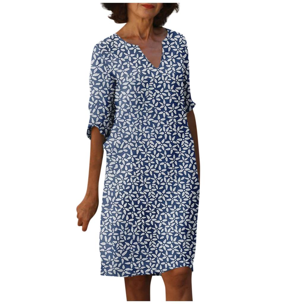 Women's Summer Vintage Print V-Neck Half Sleeve Dress Dresses