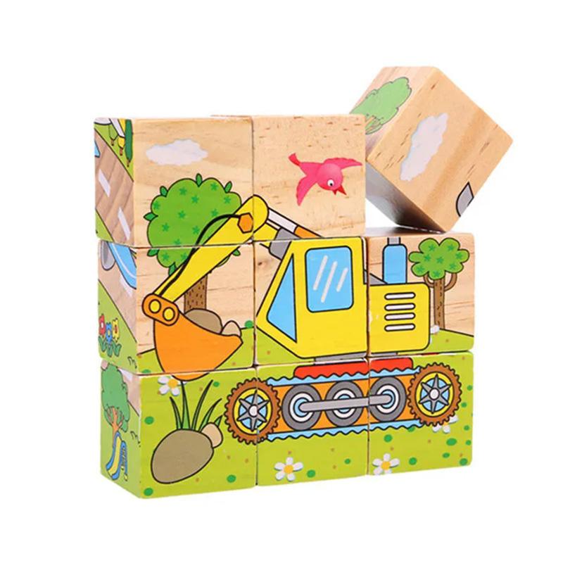 Деревянный пазл Шесть сторон раскрашены Трехмерный Пазл Транспорт Животные Строительные блоки Монтессори Игрушки для раннего развития TMZ