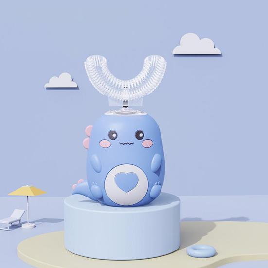 Детская U-образная электрическая зубная щетка IPX7 Водонепроницаемая 2 режима Регулируемая 360-градусная чистка с изображением динозавра для малышей Мальчиков и девочек Перезаряжаемая зубная щетка