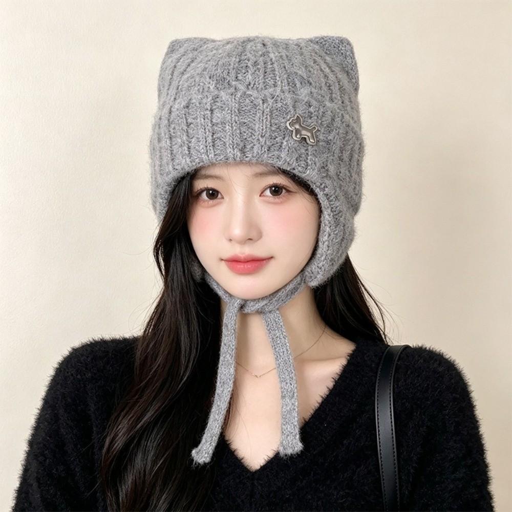 Chin Strap Cat Ear Knitted Hat 55cm To 60cm Circumference Earflap Hat Snow Weather