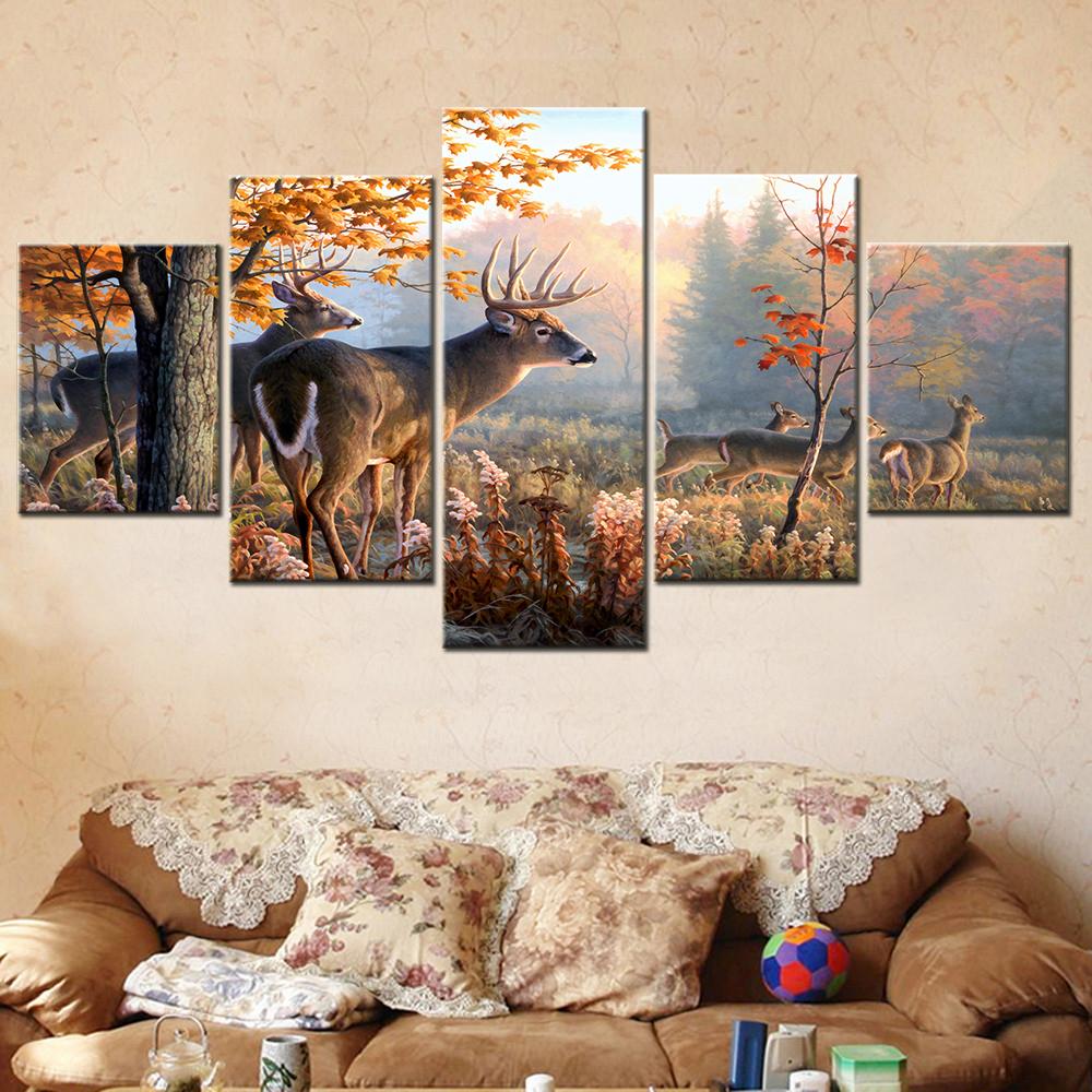 Deers in Woods Canvas Wall Art Pictures Modular Painting Canvas for Living Room Decoration Salon Modern Home Decor